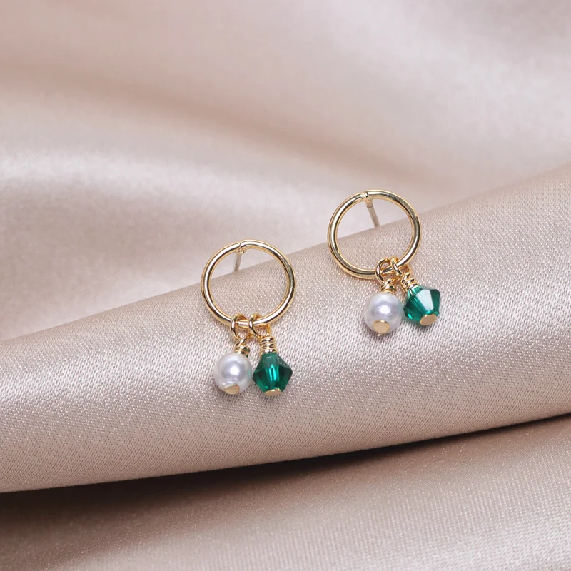 

Vintage Gold Color Metal Circle Earrings Imitation Pearl Drop Earrings Geometric Green Crystal Pendientes Earrings for Women