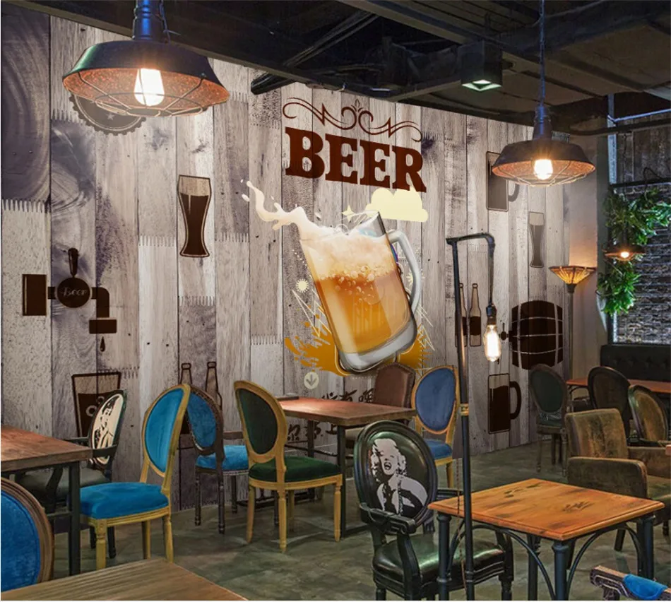 European and American Style Retro Wood Board Background Beer Mural Wallpaper Restaurant Bar KTV Industrial Decor Wall Paper 3D