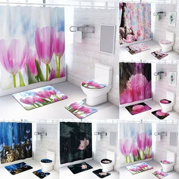 

4Pcs Lotus Tulip Butterfly Waterproof Bathroom Shower Curtain Toilet Cover Mat Non-Slip Floor Rug Bathroom Set with Hooks DW064