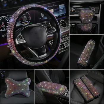 

Full Rhinestones Car Steering Wheel Cover Set Diamond Headrest Neck Pillow Seatbelt Gear Armrest Cover For Girls Accessories