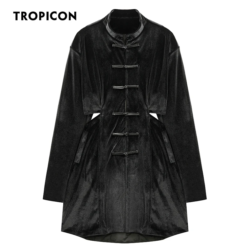 

TROPICON Vintage Black Velvet Long Jacket For Women 2021 Frog Button Open Back Designer Ladies Coat Fall Autumn Fashion Clothes