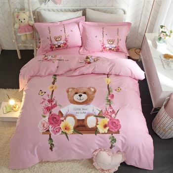 

Cute Bear Pink Duvet Cover Set Queen King size 4 Pcs Ultra Soft Brushed Cotton Bedding set Duvet Cover Bed sheet Pillowcases