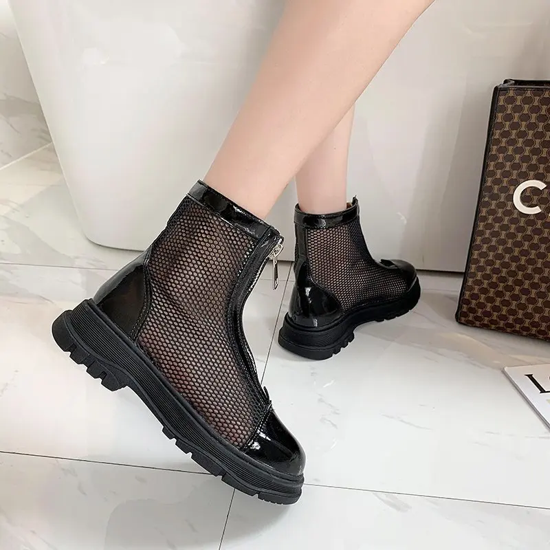 2020 Fashion Breathable Mesh Women's Boots Summer Female Zipper Hollow Sandals Classic White and Black Ankle Boots