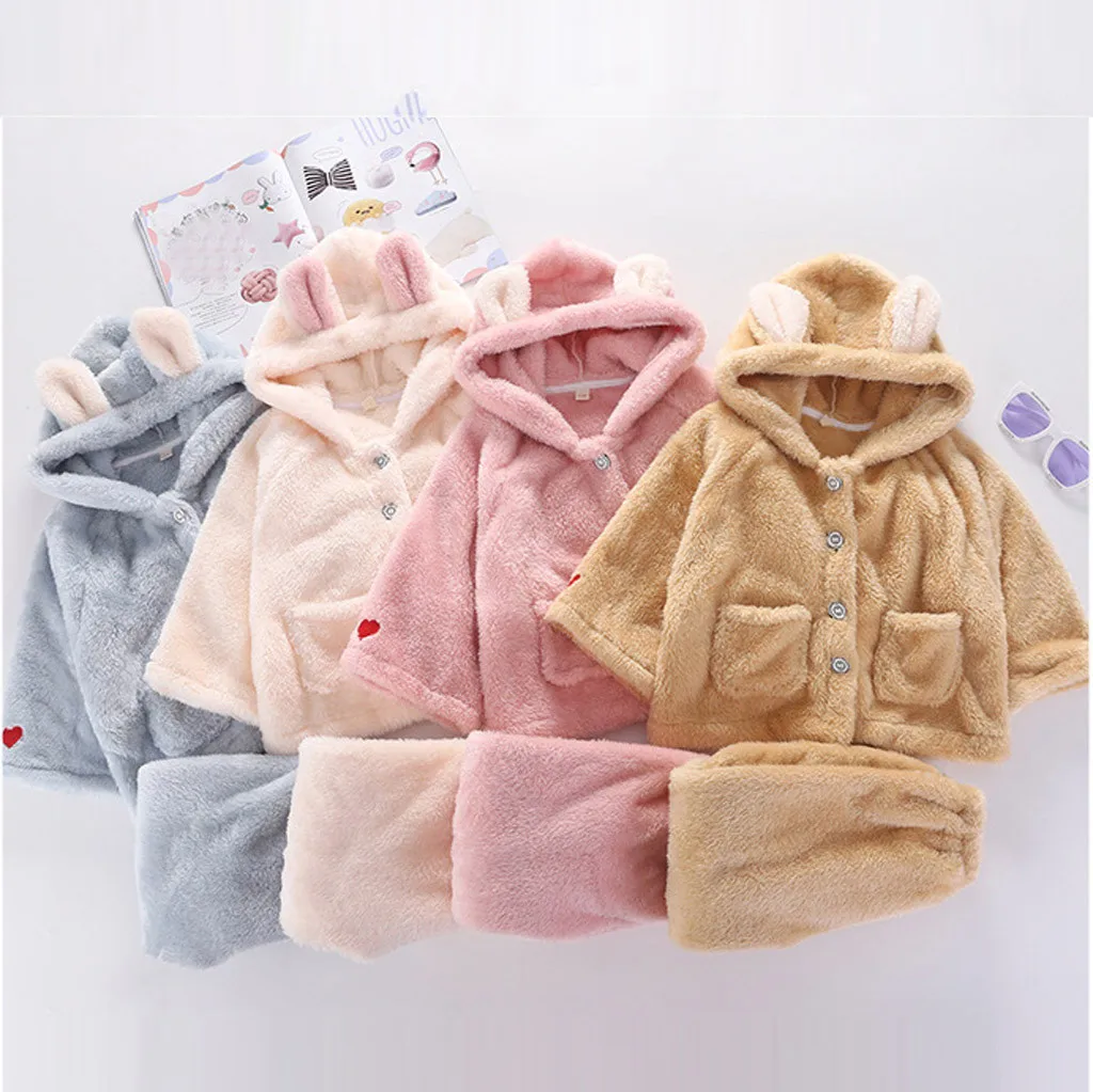 Christmas Pajamas Kids Pajamas Set Winter Faux Fur Sleepwear Ear Hooded Coat Jacket Tops Pants Warm Outwear Pajama Set Gh4