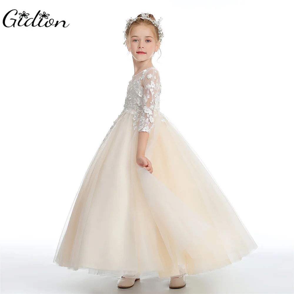 Puffy Tulle Appliques Baby Ball Gown Flower Girl Dresses Long Sleeve Princess Dress Wedding Party Dress First Communion