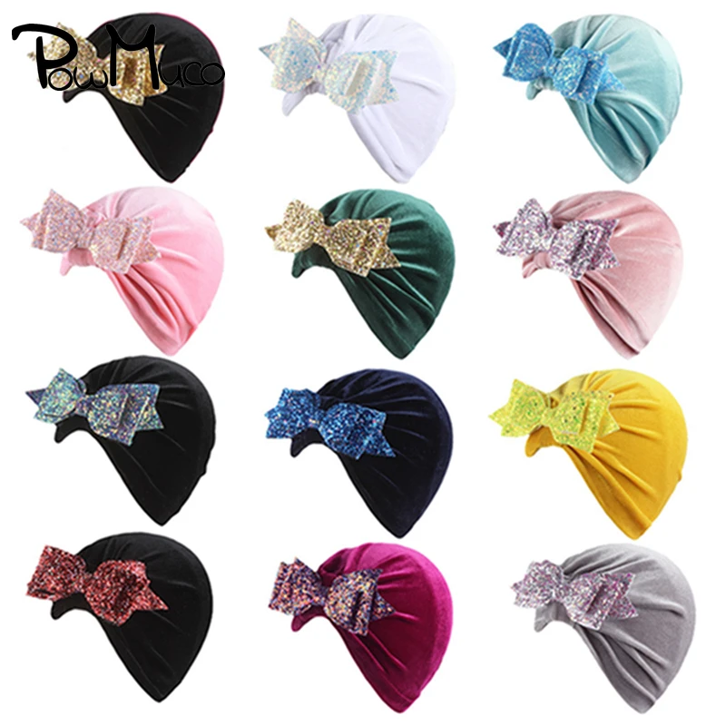 

Powmuco Glitter Sequins Bowknot Baby Girls Warm Hats Fashion Soft Gold Velvet Infant Caps Handmade Dovetail Bows Kids Headwear