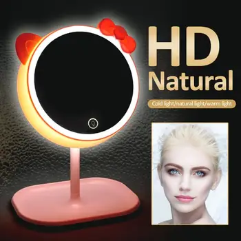 

2020 NEW LED Fill Light Makeup Mirror Three Stage Bright Adjustable USB Pink Cute Cat Creative Charging Touch Mirror Table Lamp
