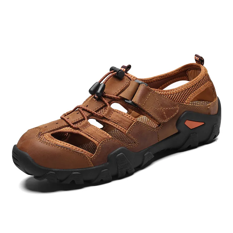 Г. Новая Летняя мужская обувь Уличная Повседневная обувь, сандалии Нескользящие кроссовки из натуральной кожи, мужские пляжные сандалии Большие размеры 38-48 - Цвет: Light brown