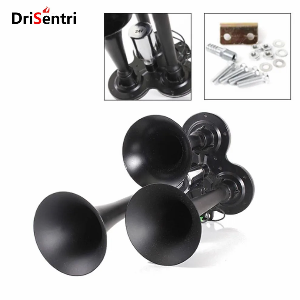 

Black Metal 12V/24V 150DB Motorcycle Car Compact Air Horn Kit Triple Trumpet Ultra Loud 3 Tone Sound New