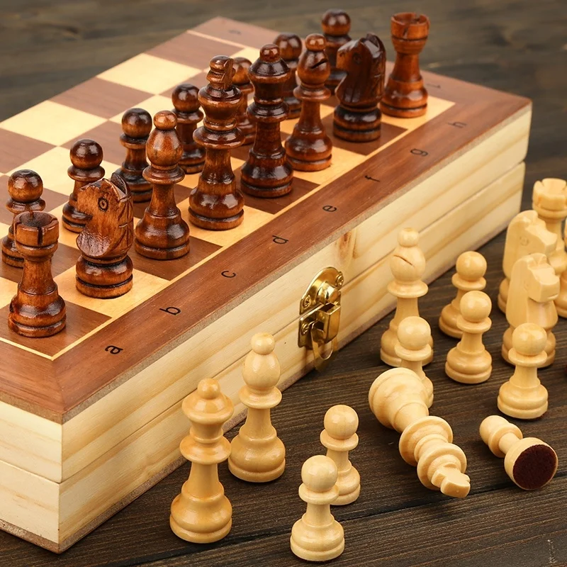 Wooden Chess Set Folding Magnetic Large Board With 34 Chess Pieces 