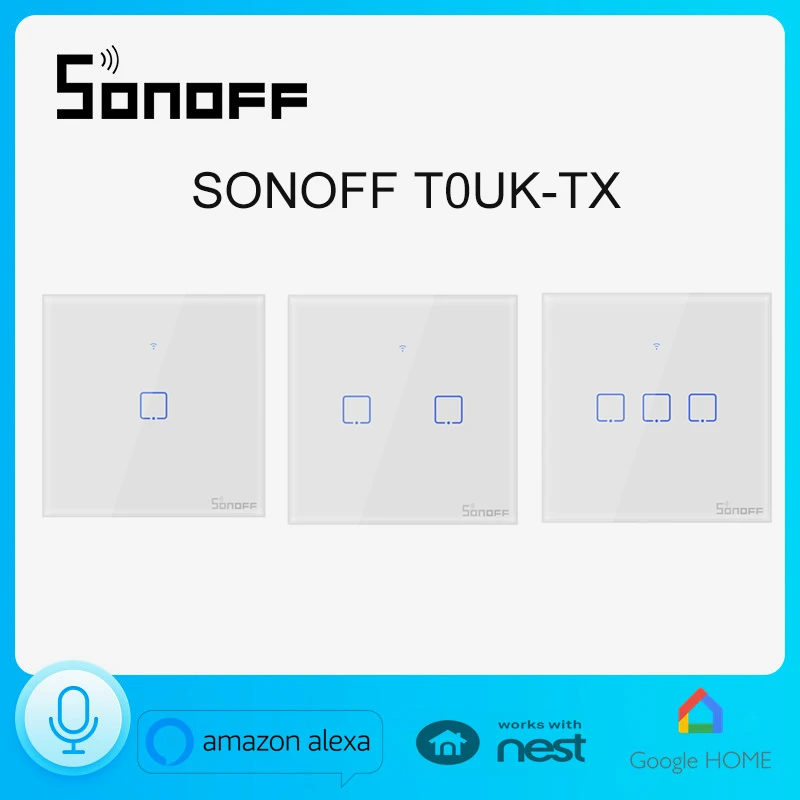 

Настенные светильник ключатели света Sonoff T0UK, 1/2/3, TX, тип 86, дистанционное управление, Wi-Fi, переключатель с границей, работает с Alexa, Google Home