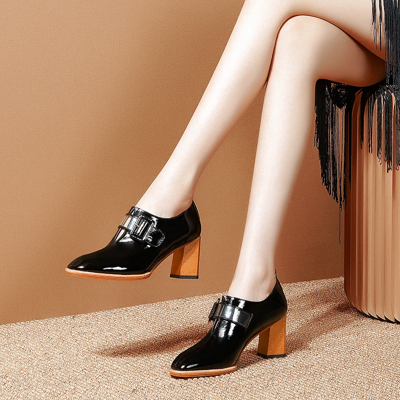 Genuine leather high square heels women shoes buckle spring autumn office ladies shoes size 34-41 black beige dress shoes woman