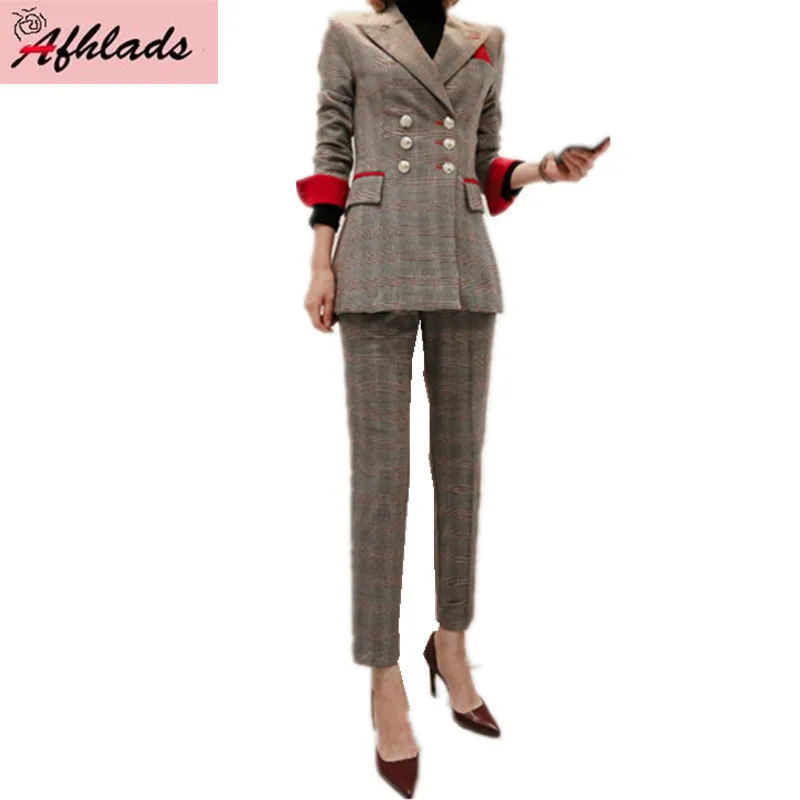 

Fashion patchwork plaid suit female 2018 spring and autumn new Slim style double-breasted jacket long pants two-piece sets