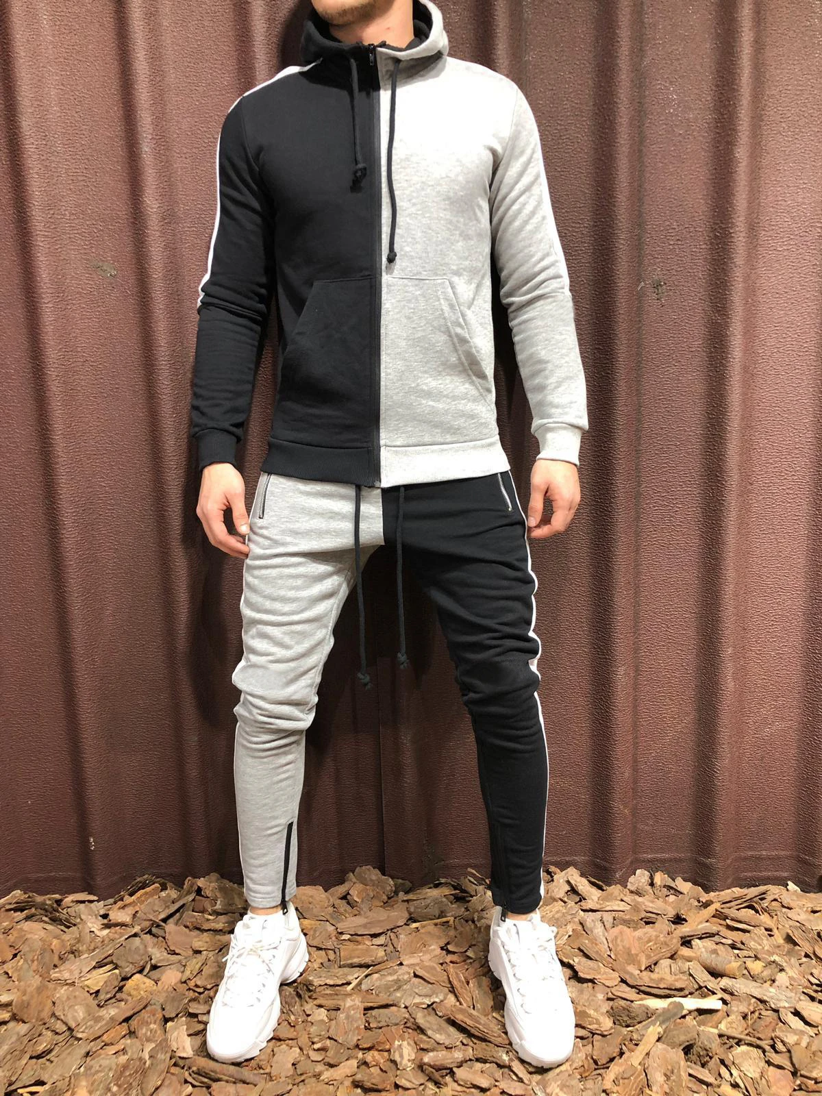 Black gray Модный осенний спортивный костюм из 2 предметов, Мужская Лоскутная спортивная одежда, комплекты из двух предметов, толстовки, спортивные штаны, мужские бегуны, костюмы худи - Цвет: Black gray