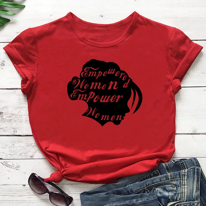 red tee black text Женская графическая футболка Hipster мощная феминистка Женская винтажная рубашка гранж Хлопковая женская футболка гранж Цитата Топ - Цвет: red tee black text