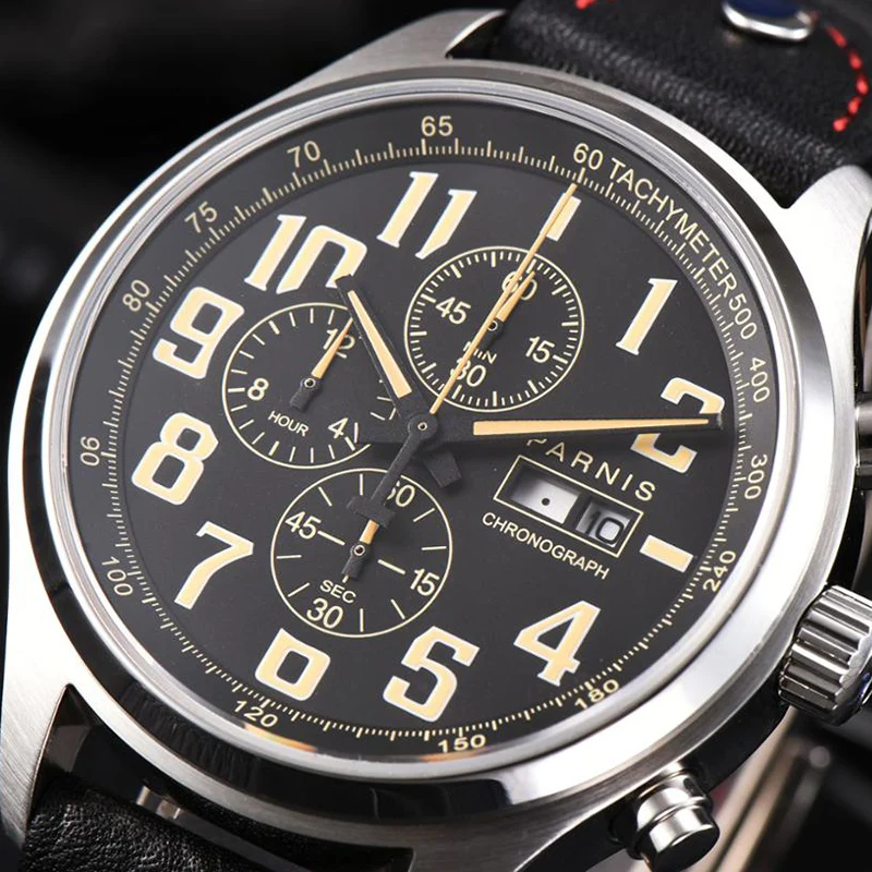 

Parnis 43mm Quartz Watch Analogue Chronograph Military Pilot Watch Diving Watch 100m Waterproof Calendar Wristwatch Mens