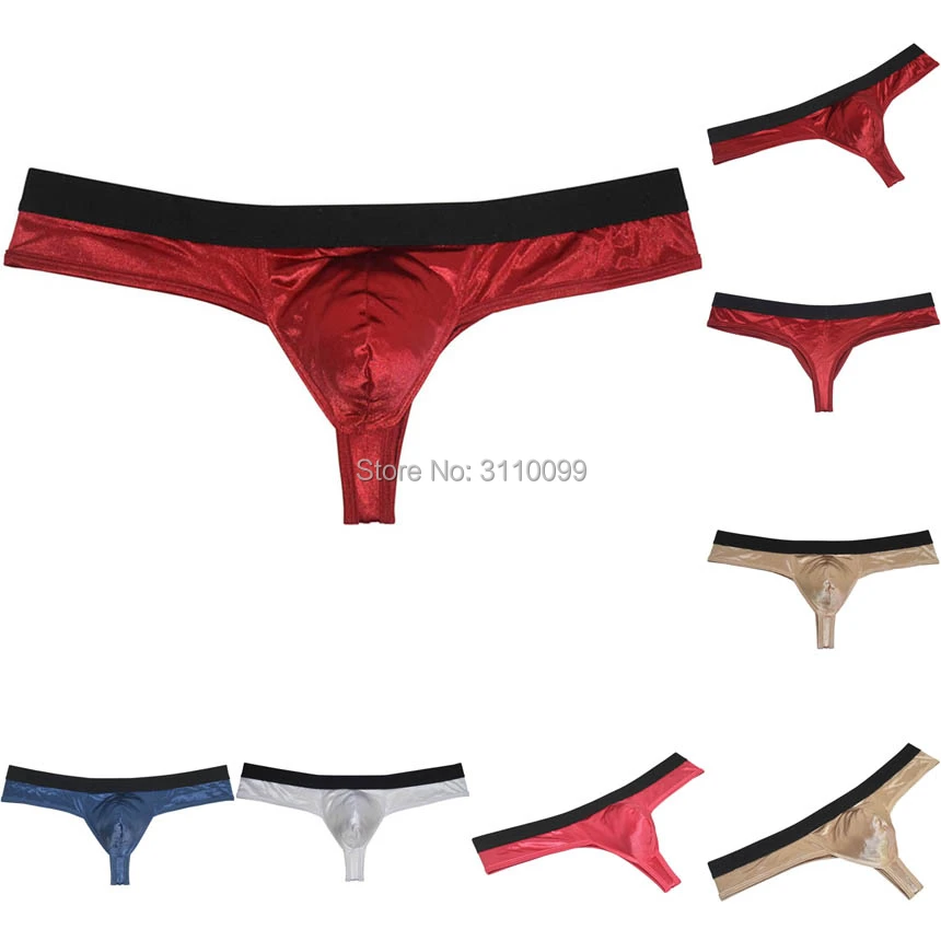 Men's Bulge Pouch Low Rise Glossy Thong Underwear Slim T-back Contour Tangas