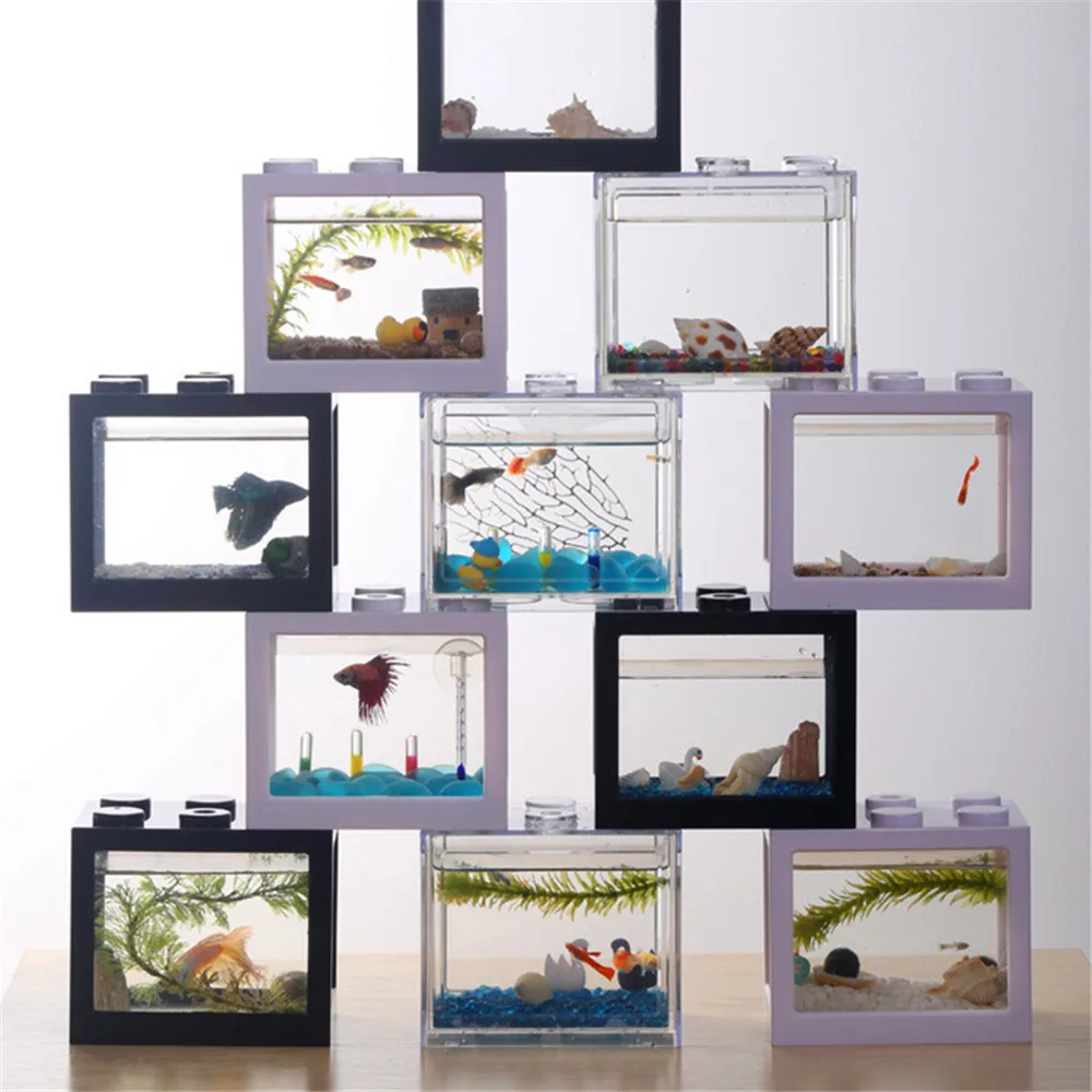 8 Colors Rectangle Mini Aquarium Fish Tank Home Office Tea Table Decoration Small Building Block Fish Tank Eco Tank Accessories (8)