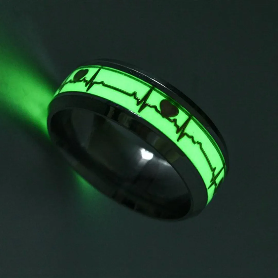 Luminous ECG Ring Vintage Glow In The Dark Stainless Steel Promise Rings For Women Heartbeat Finger Ring Couple Male Jewelry