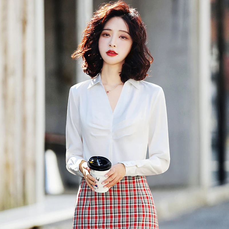 

Autumn Winter Western Style All-Match Solid Color Pleated Blouse For Women Professional Women's Shirt New Slim Fit Ladies Shirt