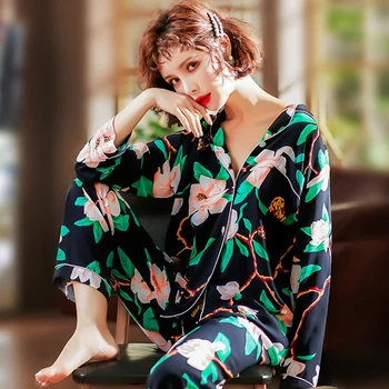 

Women Pajamas Set Autumn New Thin Flower Printed Pijamas Suit Long Sleeve Sleepwear Casual Home Clothes Pyjamas Femme Nightwear