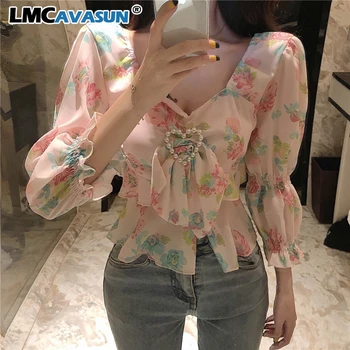 

LMCAVASUN Chiffon Bowknot Drawstring Women Blouses Floral Print V-Neck Three Quarter Sleeve Blusa Fashion Ruffles Ladies Tops