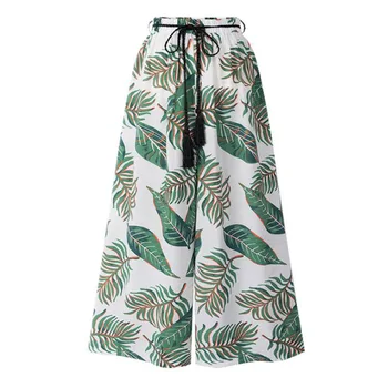 

Plus Size 6XL Women Wide Leg Pants Bohemian Leaf Print Trousers Elastic Waist Summer Casual Baggy Loose Long Beach Harem Pants