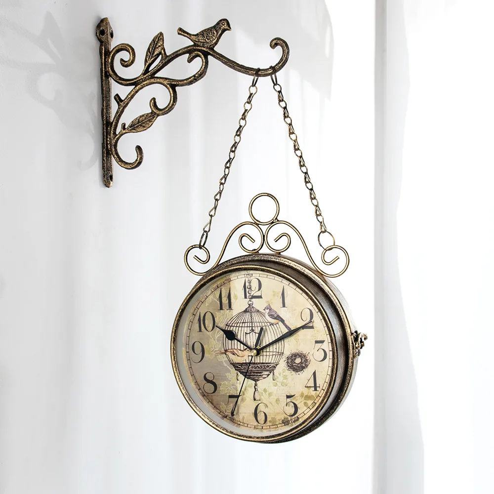 Retro European style classic bracket wall clock Double-sided display time  Iron Train Station Style Round Clock with Scroll Wall