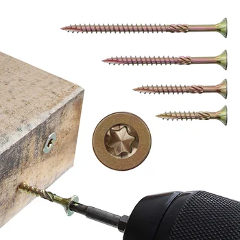 

100pcs T25 Screw Knurled Countersunk 35-80mm Wood Screws Color Zinc Coated Coarse Thread Self-tapping Torx Screws for Carpentry