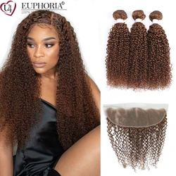 Color 30 Brown Kinky Curly Bundles With 13x4 Lace Frontal Brazilian Remy Human Hair 3 Bundles With Lace Closure Frontal EUPHORIA