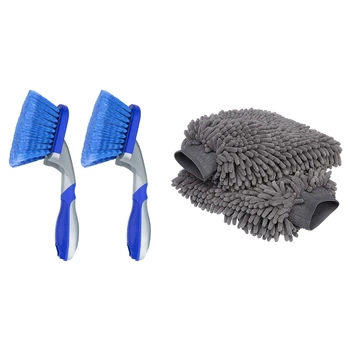 

2 Pack Wheel Brush Hub Brush with Car Cleaning Gloves Chenille Microfiber Window Washing Tool