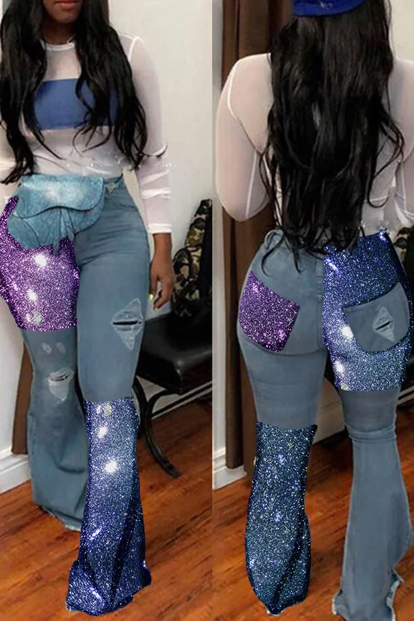 Sexy Club Glitter Ripped Jeans for Women High Waist Destroyed Hole Flare Jeans Plus Size Spliced Long Bell Bottom Denim Jeans