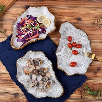 

Japanese Pearl Shell Ceramic Dish Tray Irregular Plate Porcelain Anti-skid Tableware Seafood Dinner Plate Steak Salad Plate