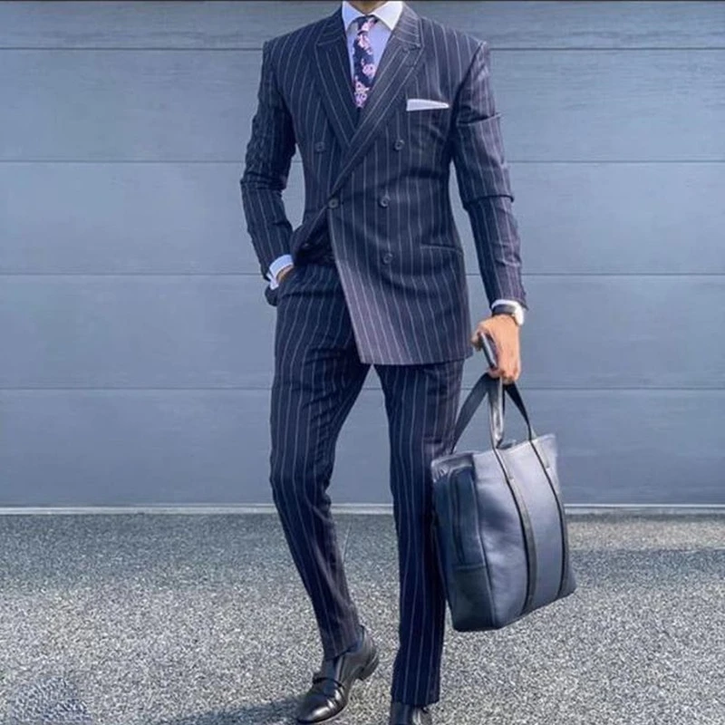 Navy Blue Pinstripe Male Suit mens suit Double Breasted Tuxedos for Men Slim Fit 2-Piece Formal Business Men Clothing Costume Homme