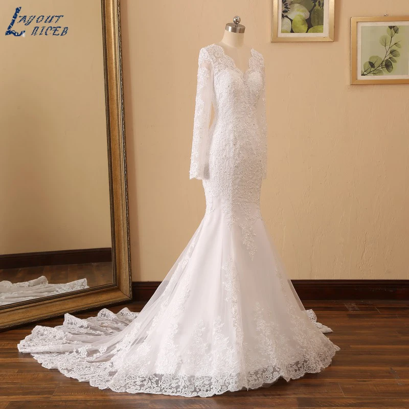 YQS026 Vestido De Noiva сексуальное с открытой спиной v-образный вырез с длинными рукавами Русалка Бисероплетение свадебное платье-рыбий хвост кружевное свадебное платье на заказ