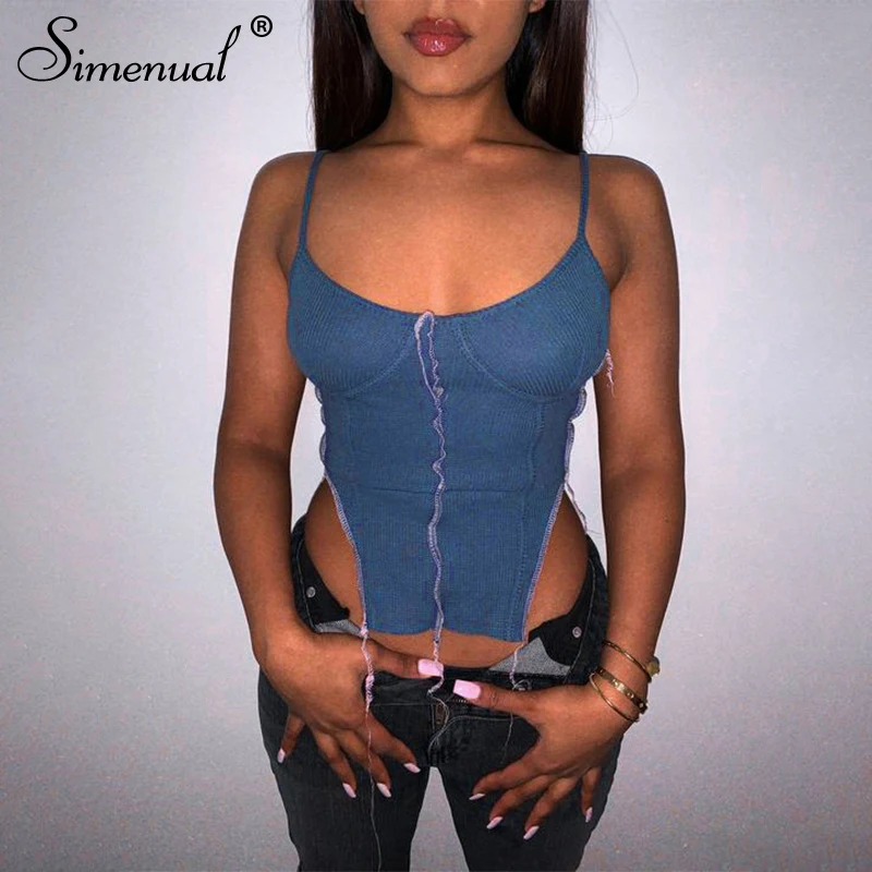 

Simenual Strap Ribbed Asymmetrical Top Patchwork Women Sexy Hot Clubwear Camis Fashion Night Party Skinny Solid Slim Crop Tops