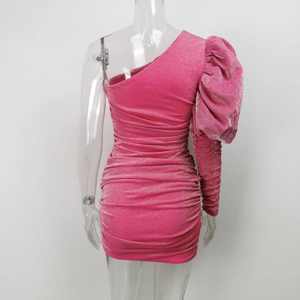 Big Discount OBI4Q Karlofea Female New Elegant Spring Outfits Dress Chic Sparkly Ruched Mini Dress Lovely One Shoulder Puff Sleeve Club Party Dress