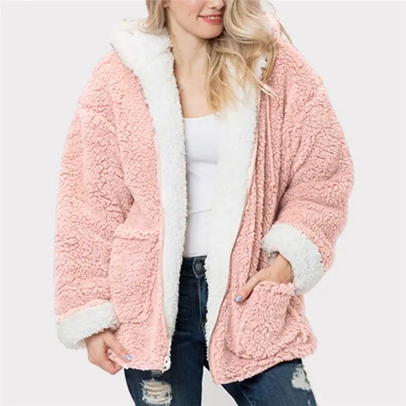 2019 New Winter Reversible Jacket Women Fashion Faux Fur Hooded Plush Zipper Pocket Reversible Coats куртка женская 4A21 (21)
