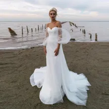 

Sexy Sparkly Sequin A Line Beach Wedding Dresses Puff Long Sleeves Sweetheart Tulle Backless Bride Dress Vestido De Novia
