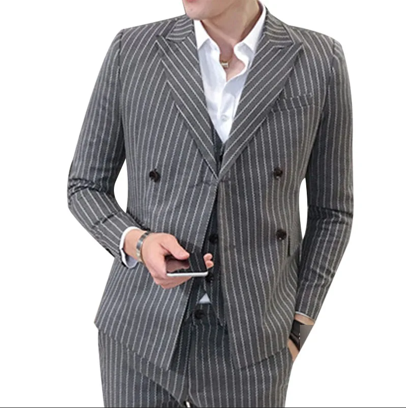 grey Размер S-5XL(куртка+ жилет+ брюки) мужской двубортный костюм Модный Полосатый Свадебный костюм жениха/мужской повседневный деловой костюм - Цвет: grey