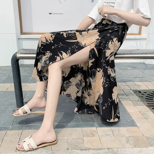 Женские пляжные праздничные шифоновые длинные юбки с цветочным принтом в консервативном стиле, прямые юбки с поясом, адаптируемые к любой одежде, Женская юбка