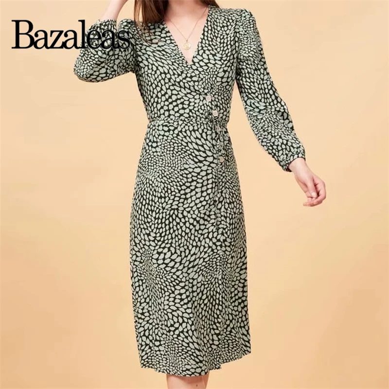 Bazaleas Франция зеленый верт печати vestido Винтаж габин обёрточная бумага платье модное крепление галстук боковые пуговицы для женщин миди платье повседневное