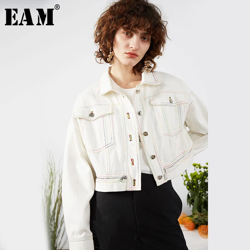 

[EAM] Loose Fit White Line Split Botton Denim Short Jacket New Lapel Long Sleeve Women Coat Fashion Tide Spring 2020 1S090