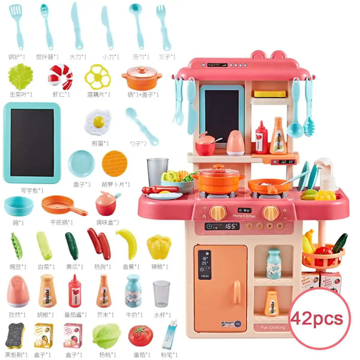 42Pcs/Set Kid Kitchen Toys Simulation Kitchen Toy Spray Water Dinnerware Pretend Play Kitchen Cooking Table Set Children's Gift - Цвет: Розовый