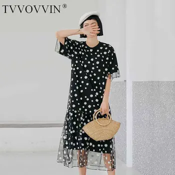 

korea Mesh False Two Piece Dress Fashion New Women Elegant Goddess Fan 2020 Summer Mesh Print Pattern Plus Size Dress GCC3626