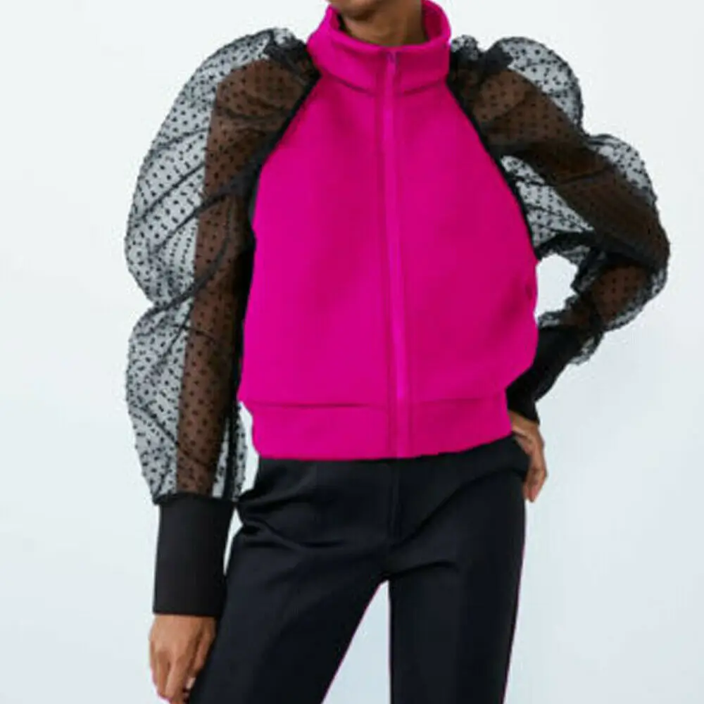 

Женская прозрачная сетчатая пикантная облегающая куртка в горошек, с пышными длинными рукавами, на молнии, Осеннее модное лоскутное пальто, пальто