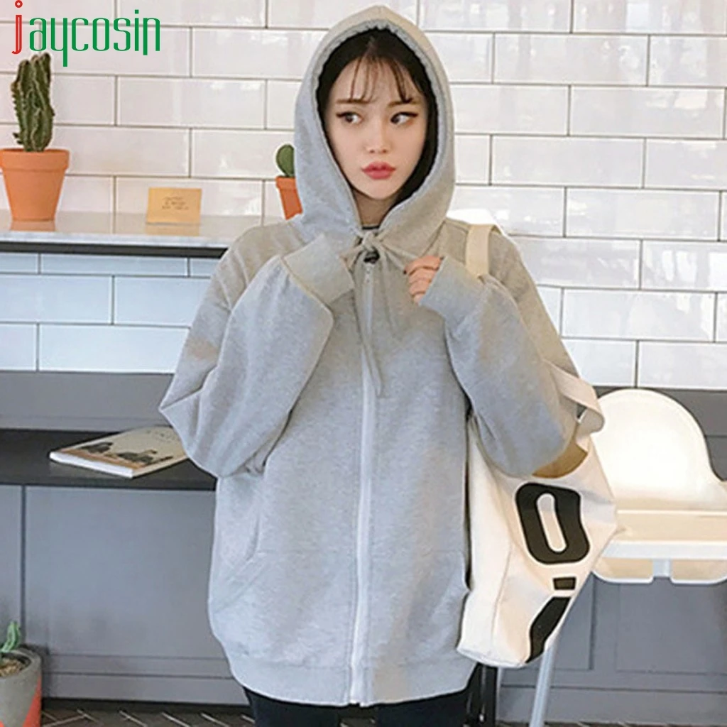 

Women Hoodies Sweatshirt Basic Solid Color Zip-up Zipper Loose Oversize Drawstring Ladies Tops Plus Size Casual Sweatshirt
