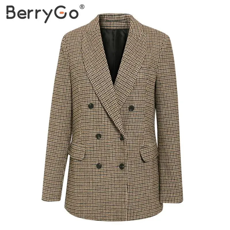 BerryGo, винтажный клетчатый Блейзер, пальто для женщин, Осень-зима, офисные женские куртки, длинный рукав, пуговицы, карманы, уличная одежда, женские блейзеры