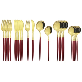 

24Pcs Red Gold Cutlery Set Knives Forks Dessert Spoon Dinnerware Set Stainless Steel Tableware Set Western Kitchen Tableware Set