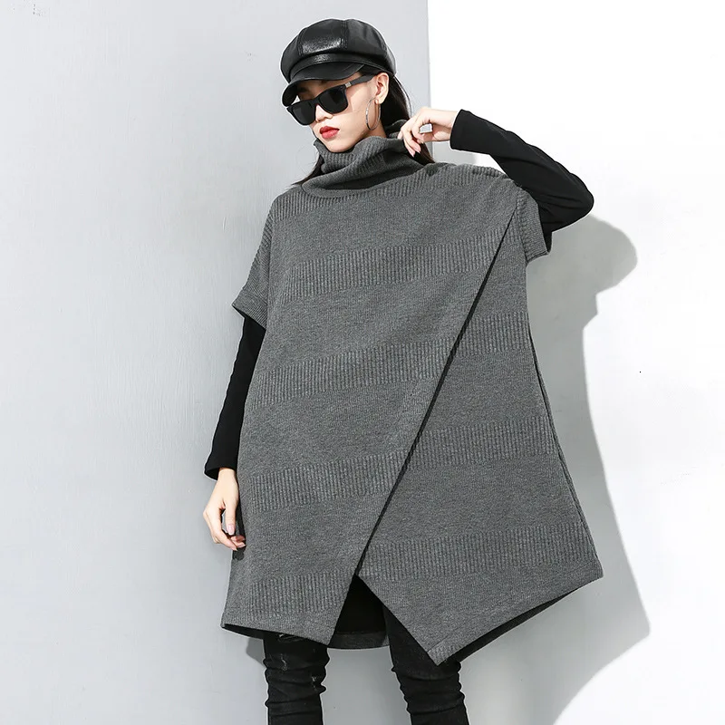 

LANMREM 2020 New Solid Color Pullover Sweater Personality Large Size Irregular High Collar Loose Short Sleeve Dress PC081
